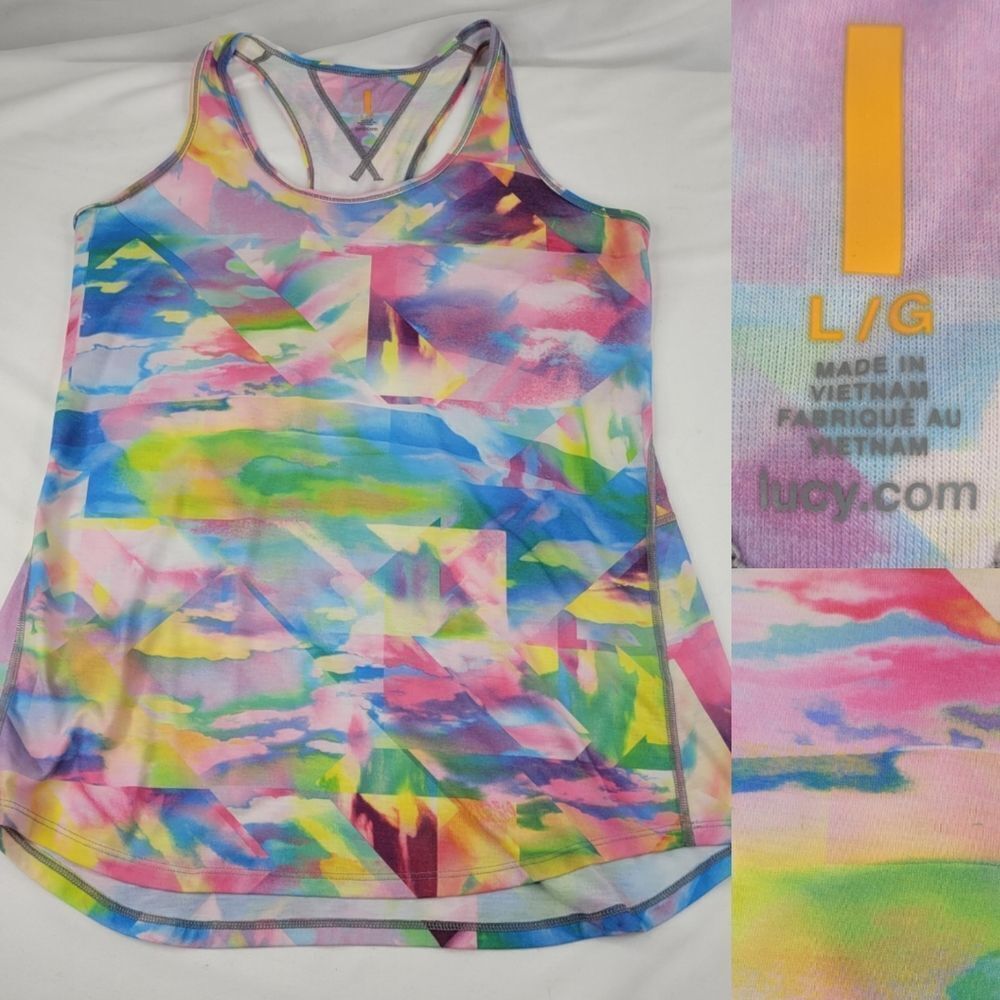 L LUCY ACTIVE PASTEL WATERCOLOR pink blue green yellow RACERBACK TANK TOP large
